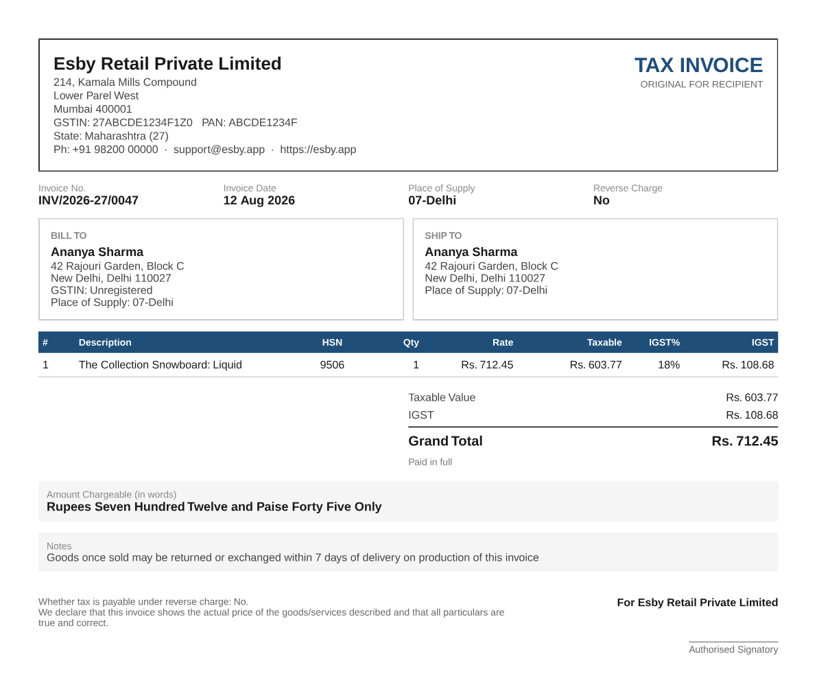A GST tax invoice produced by Esby, showing the place of supply, HSN code, taxable value and a single IGST line for an inter-state sale.