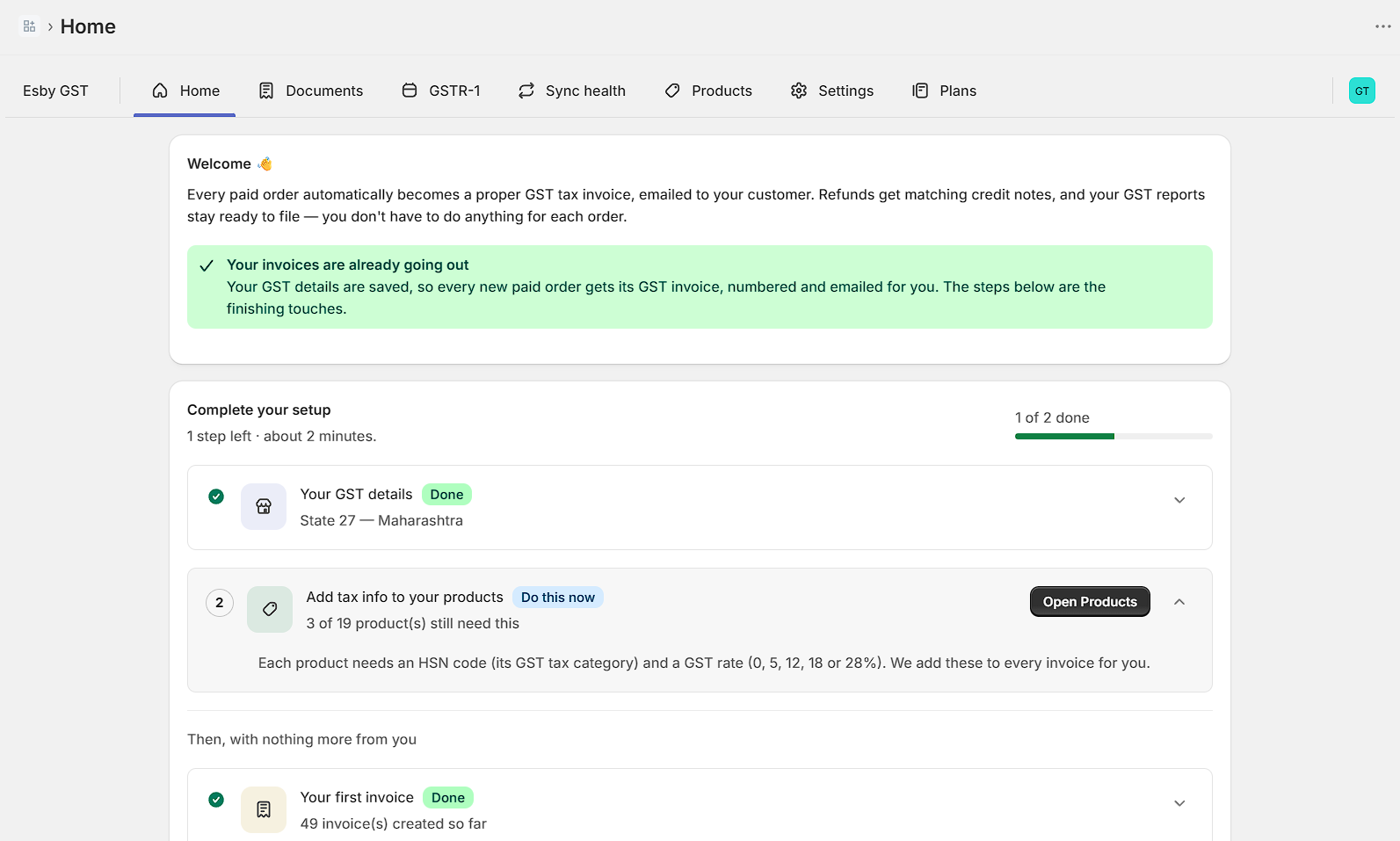 The Esby home screen inside the Shopify admin, showing setup progress and confirmation that invoices are already being sent.